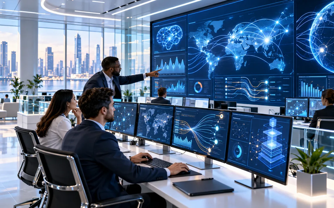 Analysts reviewing financial data dashboards on a wall of screens