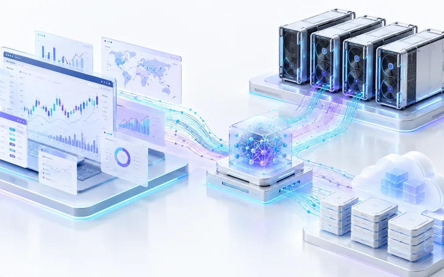 Illustration of analytics dashboards connected to GPU servers and cloud storage