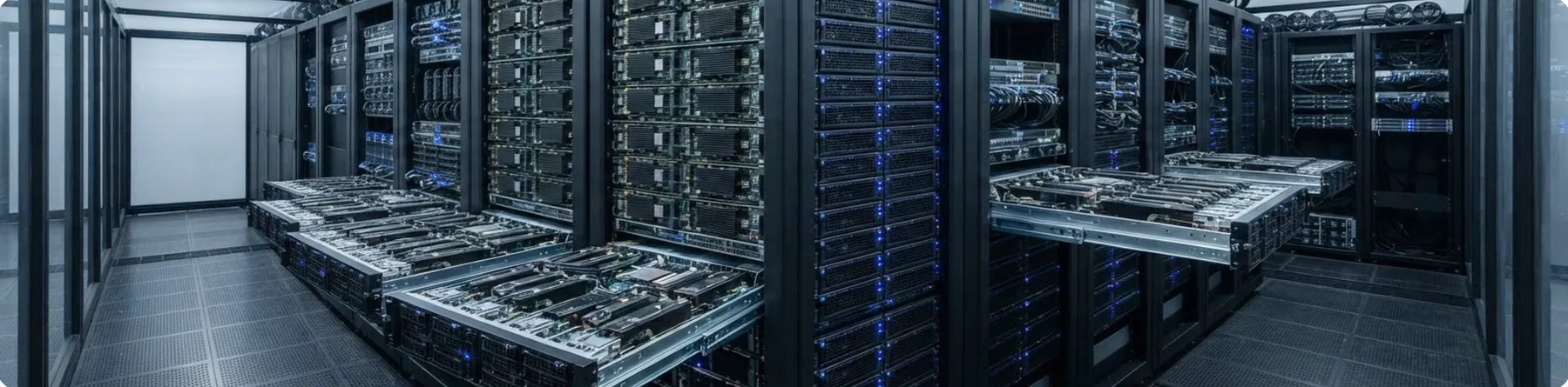 Open GPU server trays in a data-centre hall