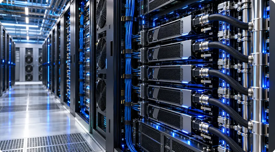 GPU servers with liquid-cooling lines in a data-centre aisle