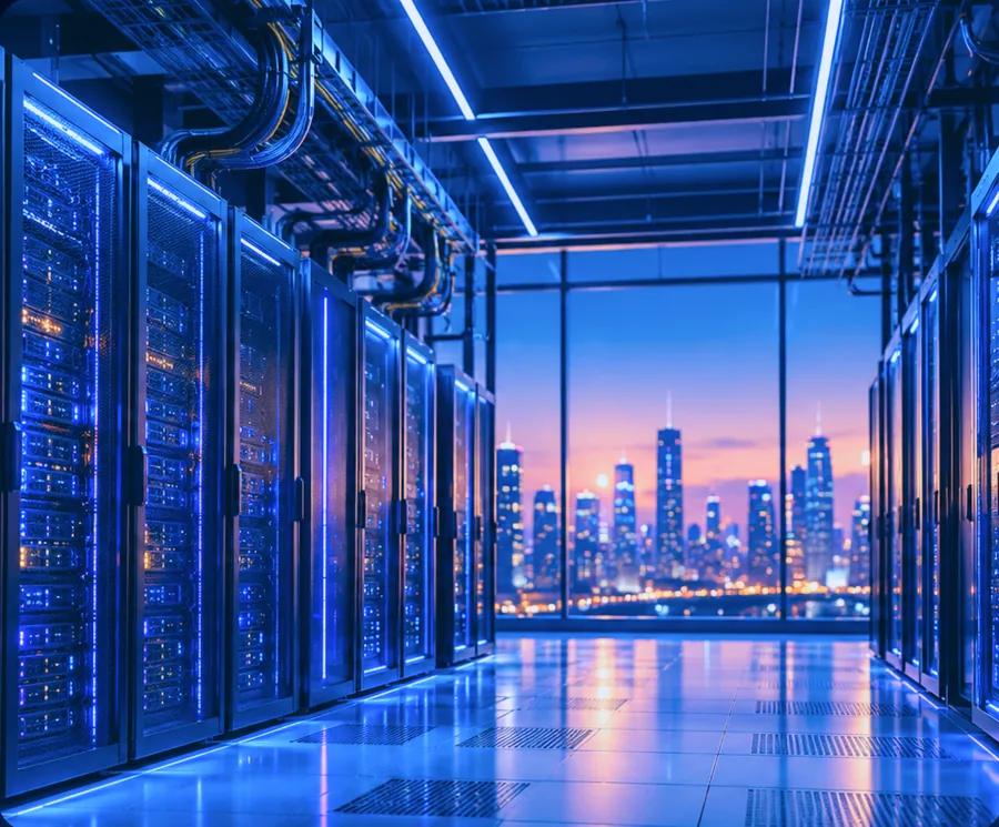 Rows of GPU server racks in a data centre overlooking a city skyline at dusk