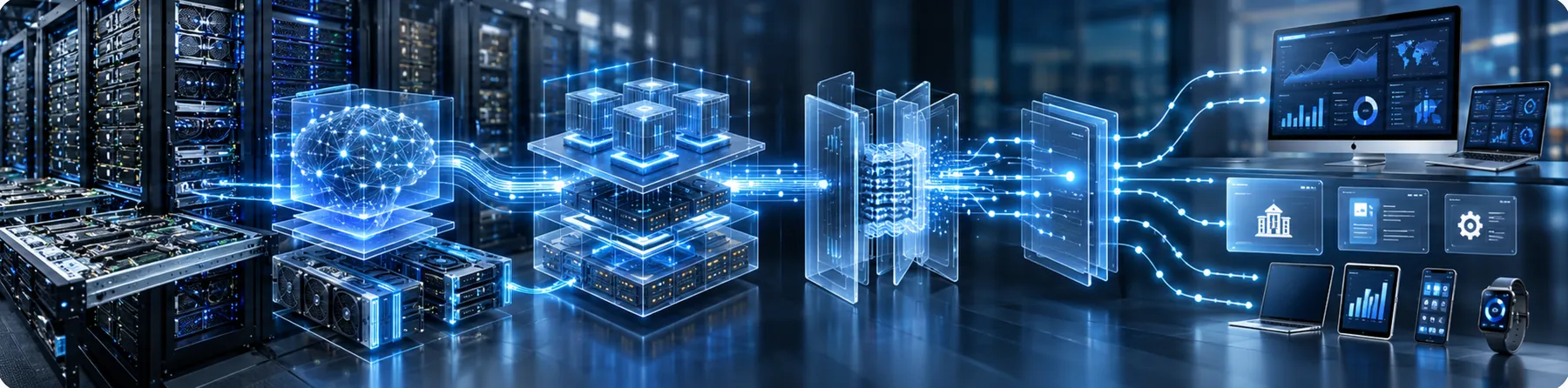 Data flowing from GPU servers through model and API layers to dashboards and devices