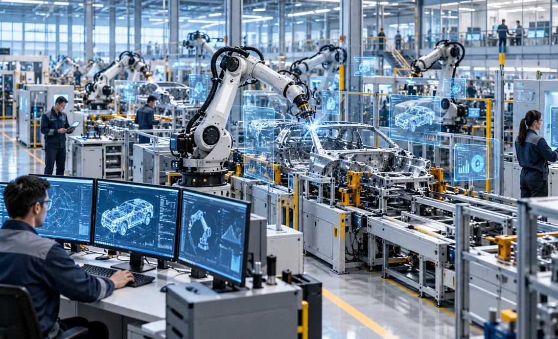 Engineer monitoring robotic assembly line data on screens