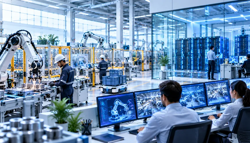 Factory floor with robotic arms beside a glass-walled server room