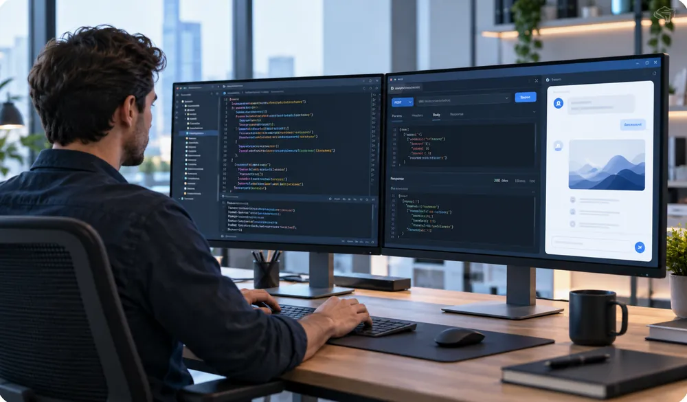 Developer integrating an AI model API across two monitors