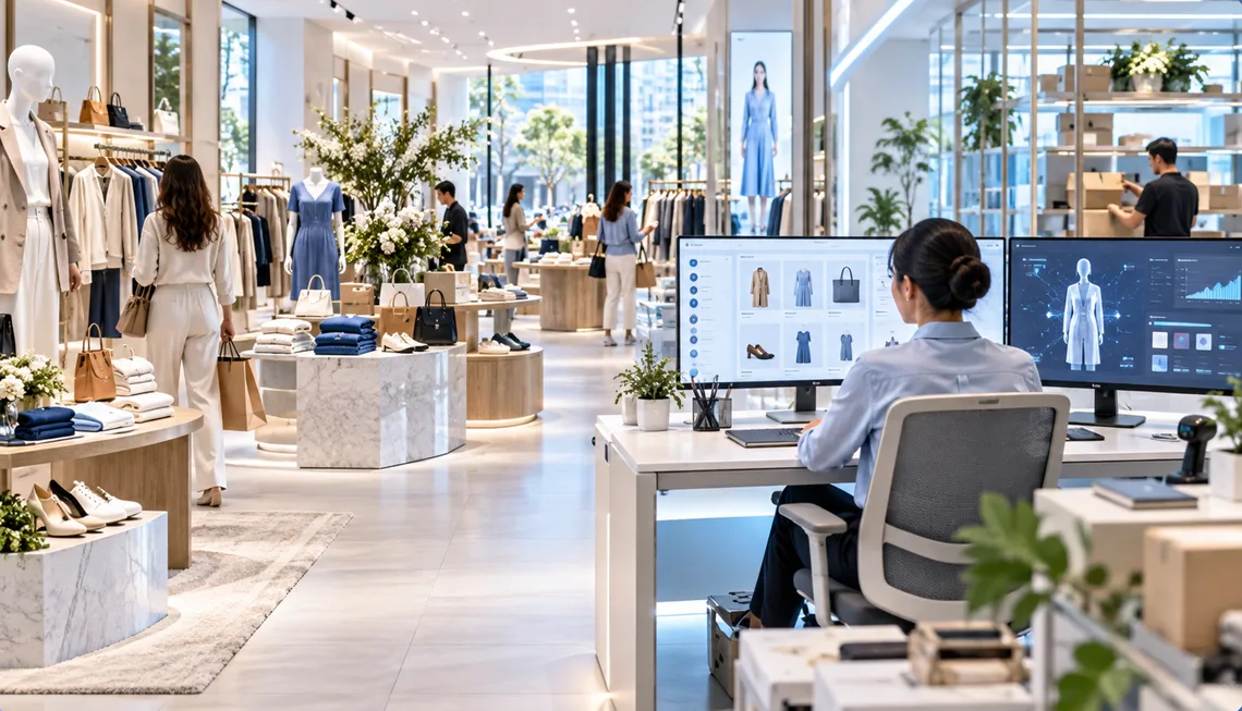 Retail store floor with a merchandising analyst reviewing product data