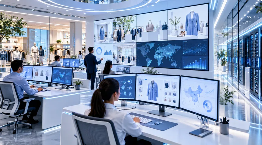 Commerce analytics team working in front of product and sales dashboards