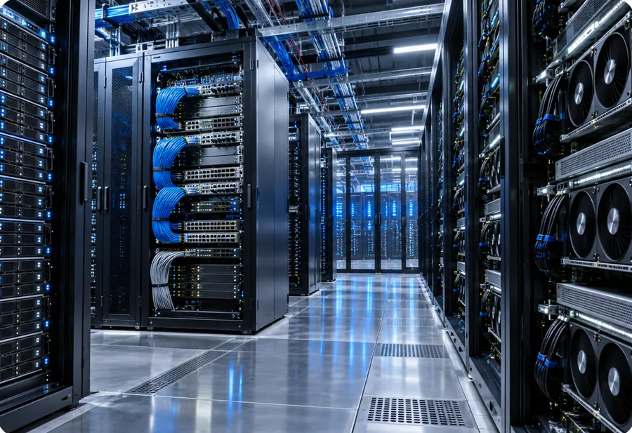 Server racks and storage arrays along a data-centre aisle
