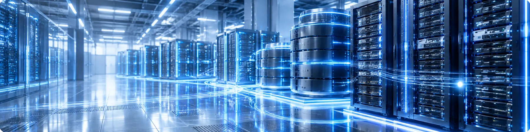 Storage arrays and server racks in a data-centre hall