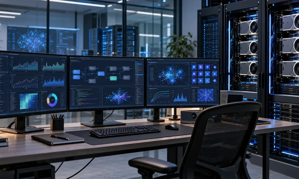 Workstation with model-training dashboards beside GPU server racks